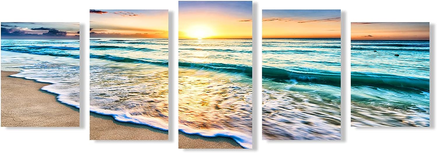 YPY Blue Ocean Sunset Wall Art: Sea Beach Canvas Print Wall Decor - Teal Wave Picture Living Room Decoration, Modern Seascape Artwork 5 Piece Framed Poster for Bedroom 40 inch  W x 16 inch  H 40&#034;W x 16&#034;H