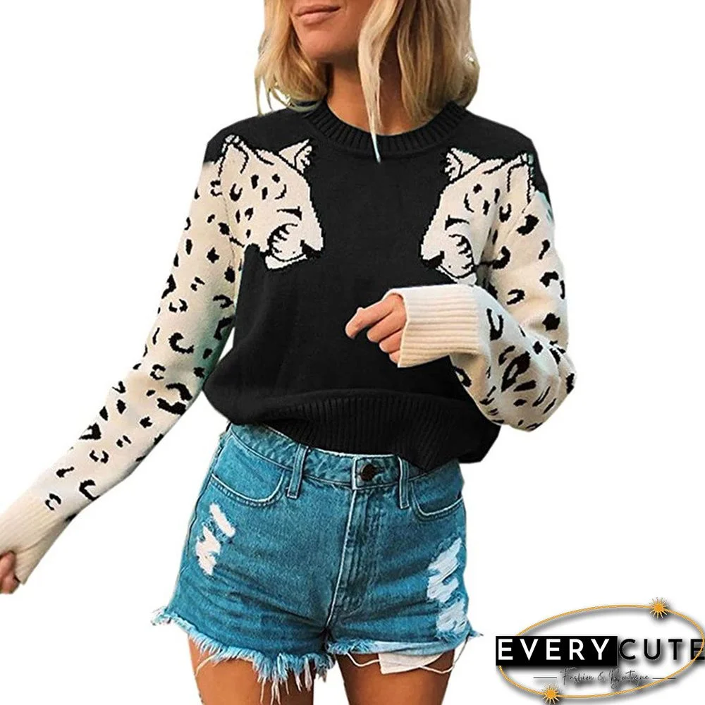 Black Splice Leopard Heads Print Knit Sweater