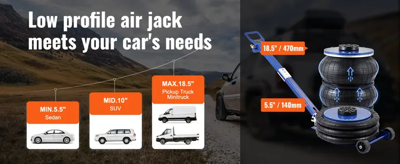 Product Introduction of VEVOR Air Jack with Adjustable Handle. Max 5 Ton/11000 lbs Triple Bag Air Jack. Airbag Jack with Six Steel Pipes. Lift up to 18.5 inch/470 mm. 3-5 s Fast Lifting Pneumatic Jack for Car. Garage. Repair VEVOR Super Brand Day 2