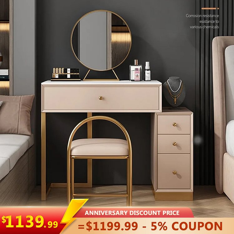 Homemys Extendable Pink Makeup Vanity Dresser Set, 4 Drawers, Side Cabinet, Mirror and Stool Included, Gold