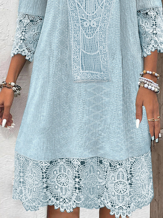 Women's 3/4 Sleeve Scoop Neck Lace Solid Color Midi Dress