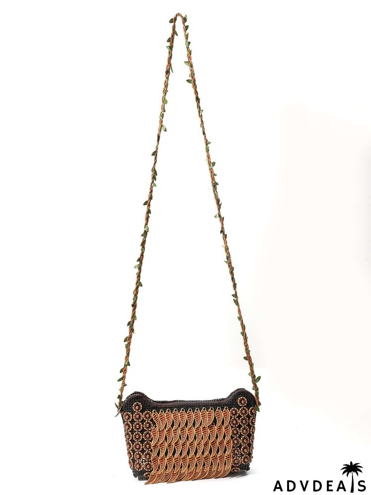Beaded & Leaf Decor Crossbody Bag