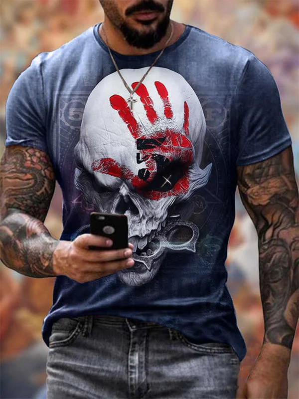 Skeleton Bloodhand Printed Round Neck Loose T-shirt