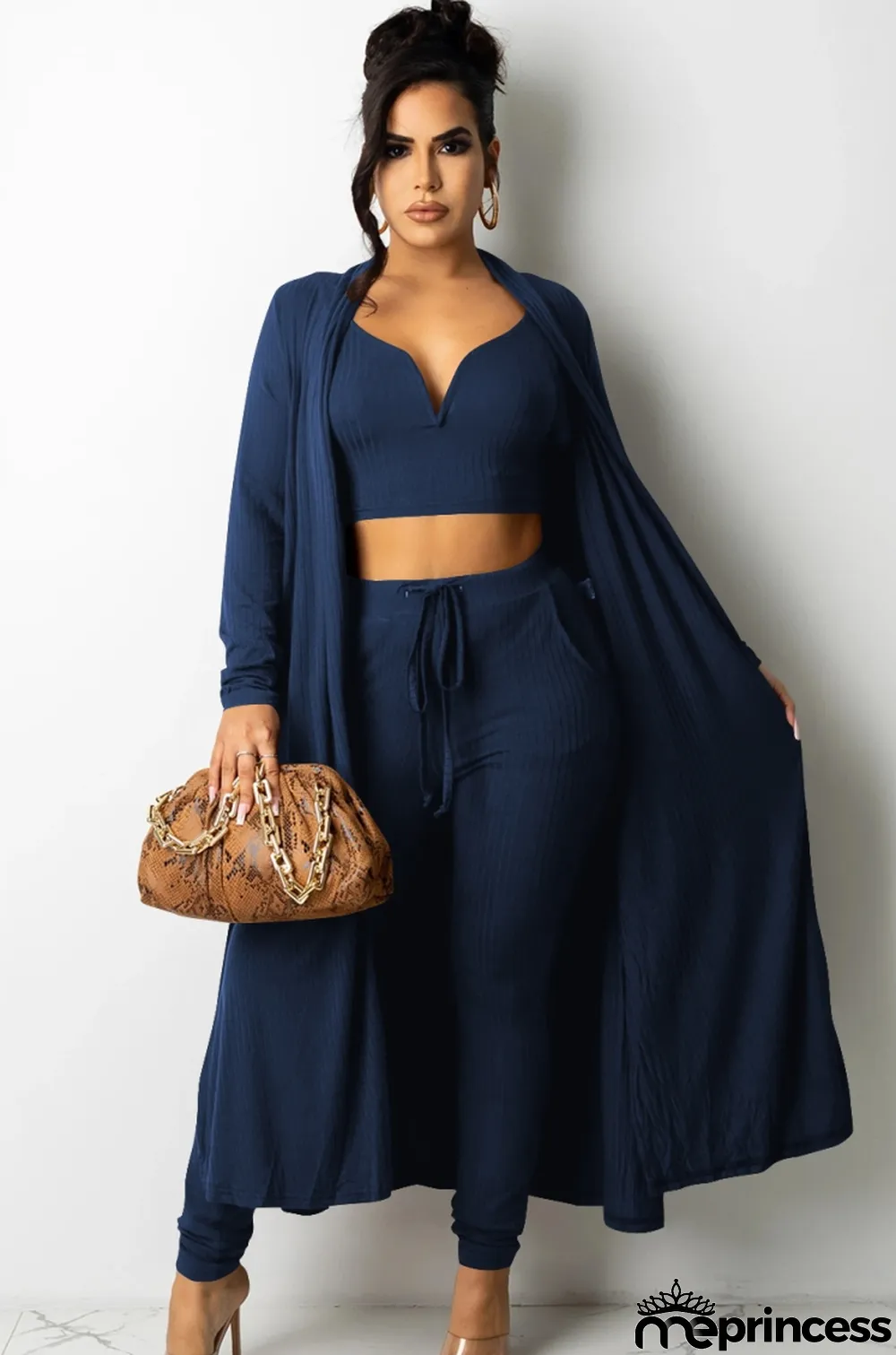 Fall Blue Knit Crop Top and Pants with Matching Cardigans 3 Piece Set
