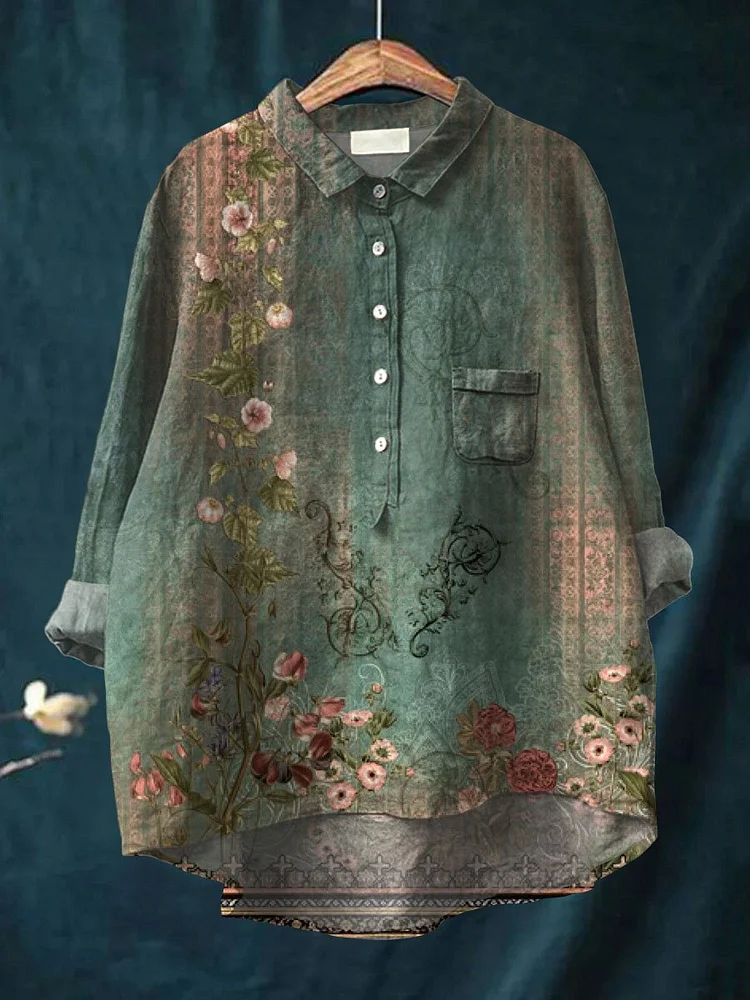 Women's Vinatge Art Flower Print Casual Cotton And Linen Shirt