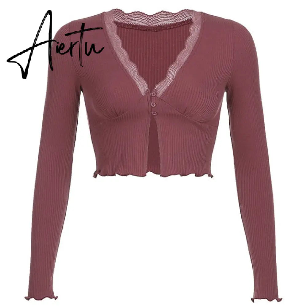 Aiertu Knitted Ribbed Y2K Crop Top Lace Patched Women's Shirt Long Sleeve Knitwear Button Up Sexy Deep V-Neck Party E Girl Tee Aiertu