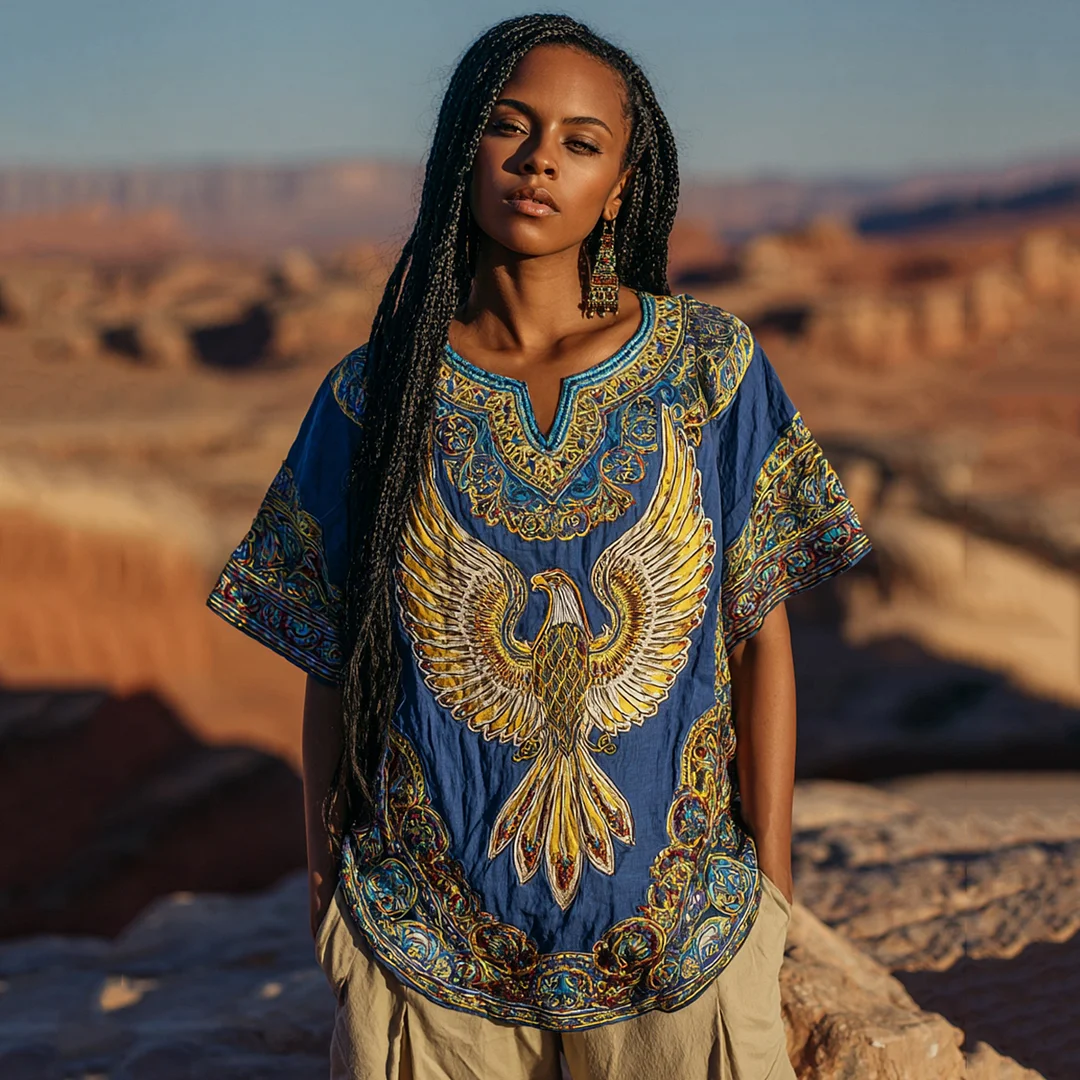 Vintage Egyptian Bennu Pattern Women's Linen Loose Shirt