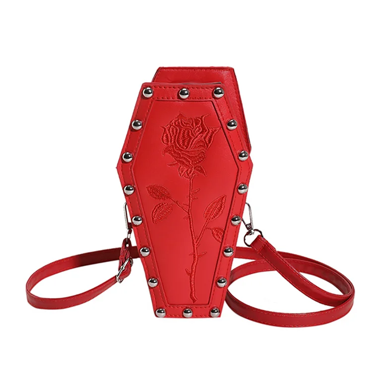 Women Crossbody Bag Coffin Shape PU Gothic Embroidery Shopper Bag (Red)