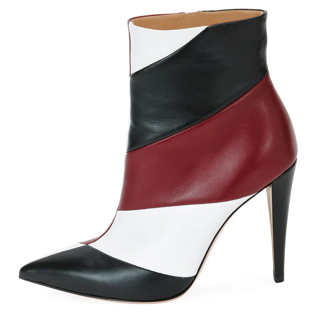 Three Color Faux Leather Pointed Toe Stiletto Heel Ankle Boots