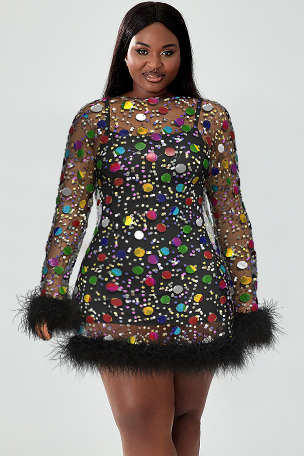 Design Plus Size Party Dress Black Multicolor Sequined Sheer With Feathers Mini Dress