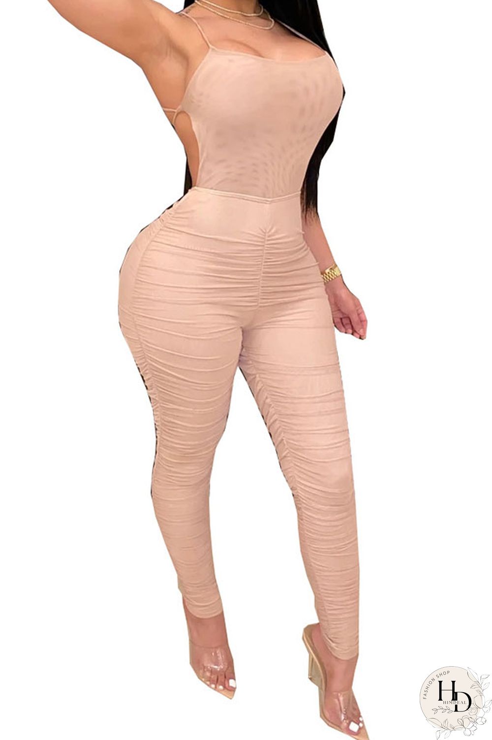 Fluorescent green Fashion Casual Solid Draped Polyester Sleeveless Slip Jumpsuits