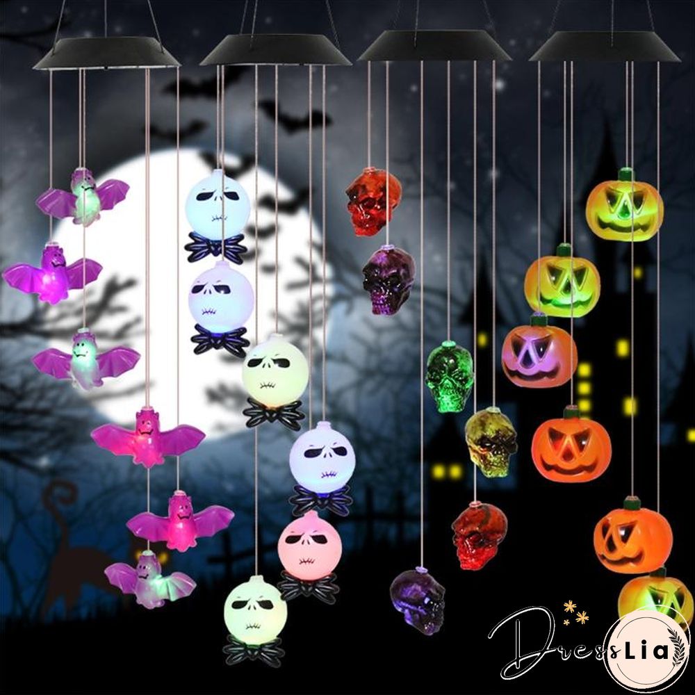 Halloween Solar Skeleton Skull Wind Chimes Light LED Color Changing