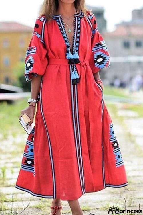 Ethnic Print Pom Pom Maxi Dress
