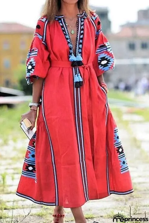 Ethnic Print Pom Pom Maxi Dress