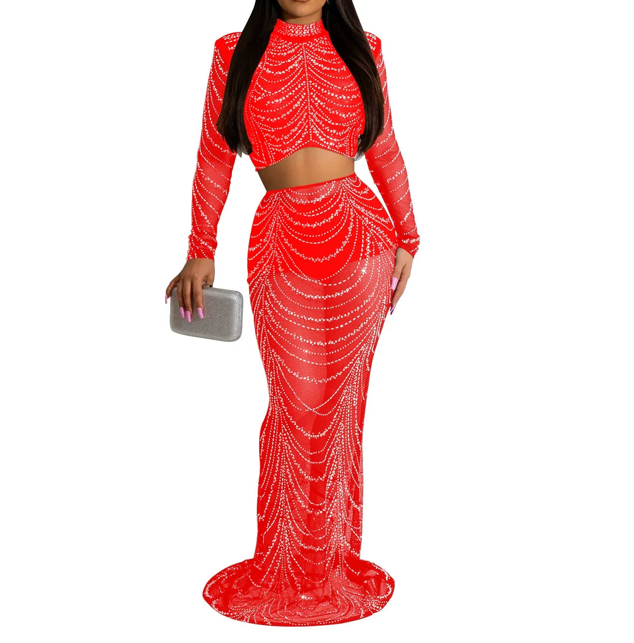 Womens 2pcs Set Dresses For Formal Occasions Criss-Cross Long Dress Rhinestone Long Sleeve Mesh Elegant Party Evening Dress LANFUBEISI
