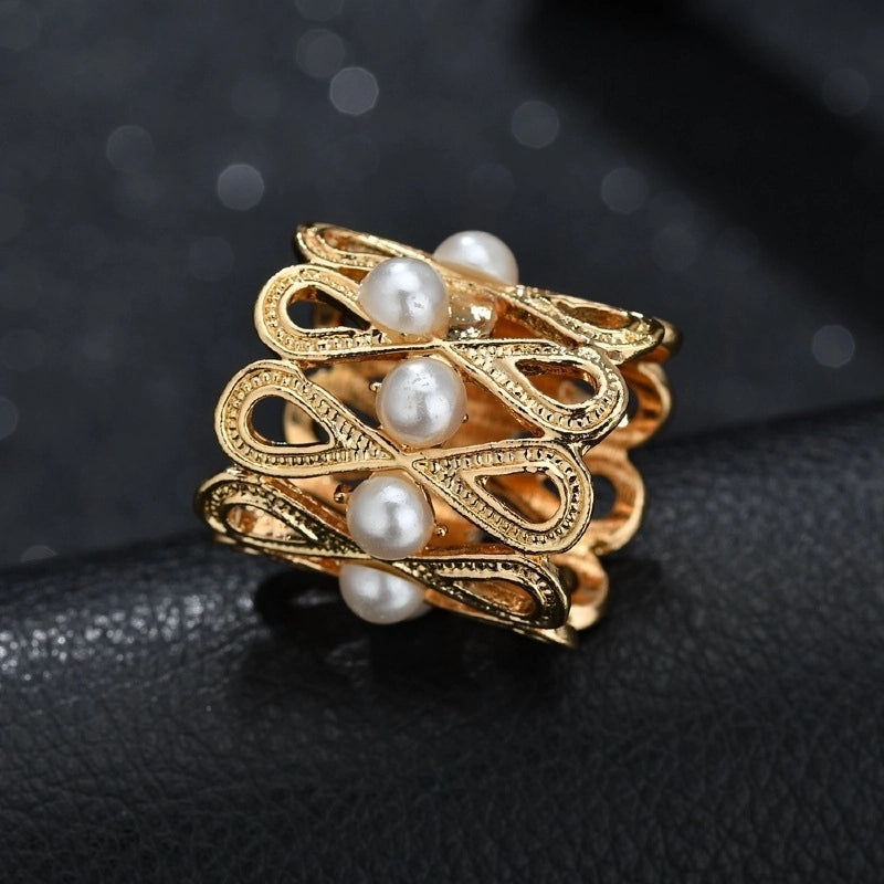 Women’s Minimalist Geometric Alloy Enamel Pearl Hollow Out Scarf Ring
