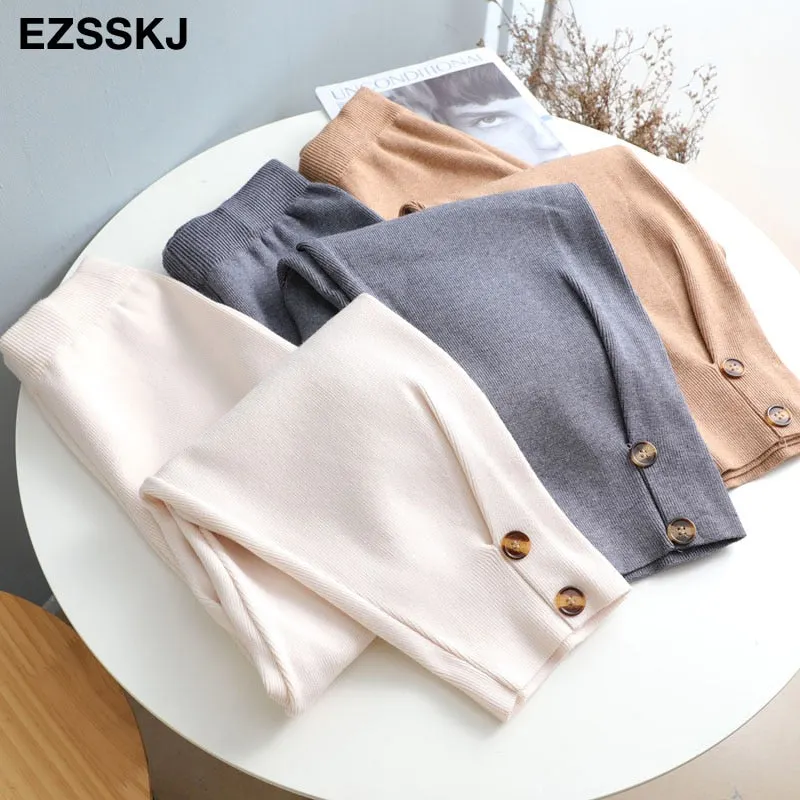 Women Elastic Waist  BUTTON Trousers Thick Knitted Harem Pants Autumn Winter Sport pants sweater Knitted Carrot pants