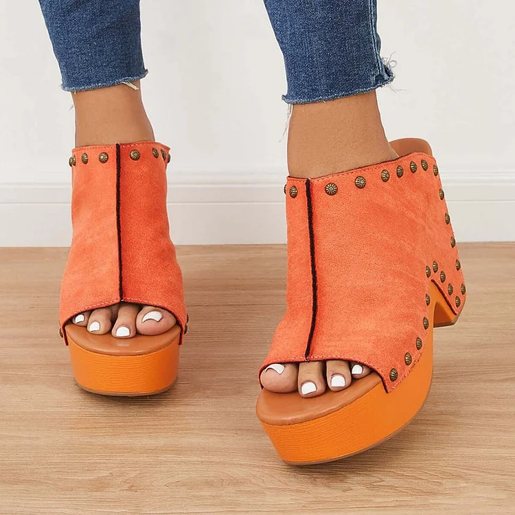 Orange Peep Toe Heels Women's Studs Mules Vintage Block Heel Sandals |FSJ Shoes