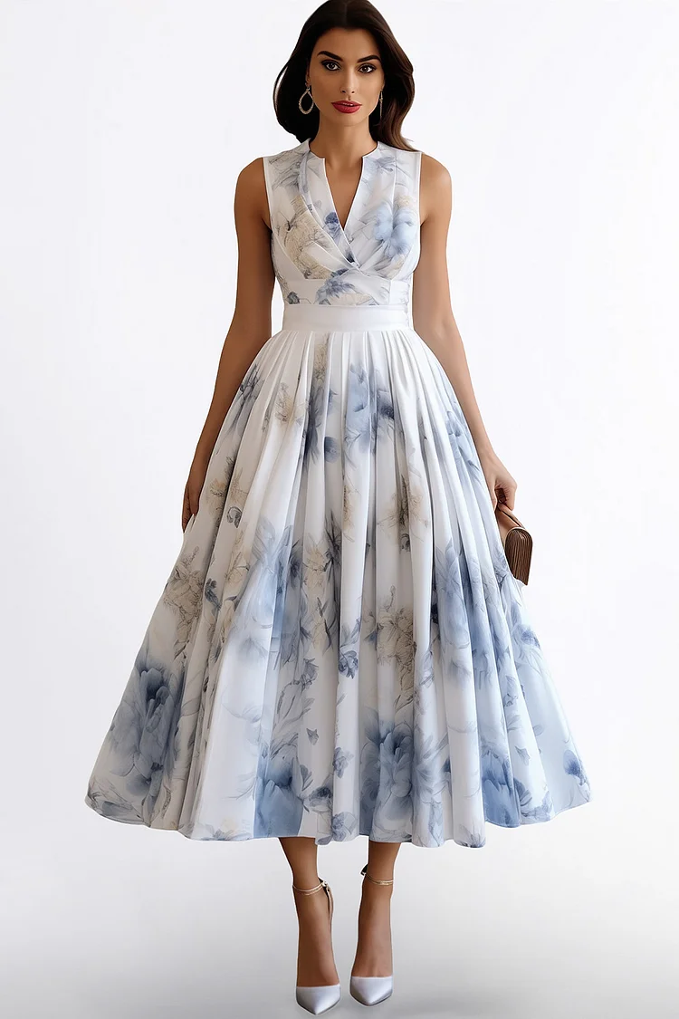 Zaruci Wedding Guest Blue Chiffon Floral Print V Neck Sleeveless Midi Dress [Pre-Order]