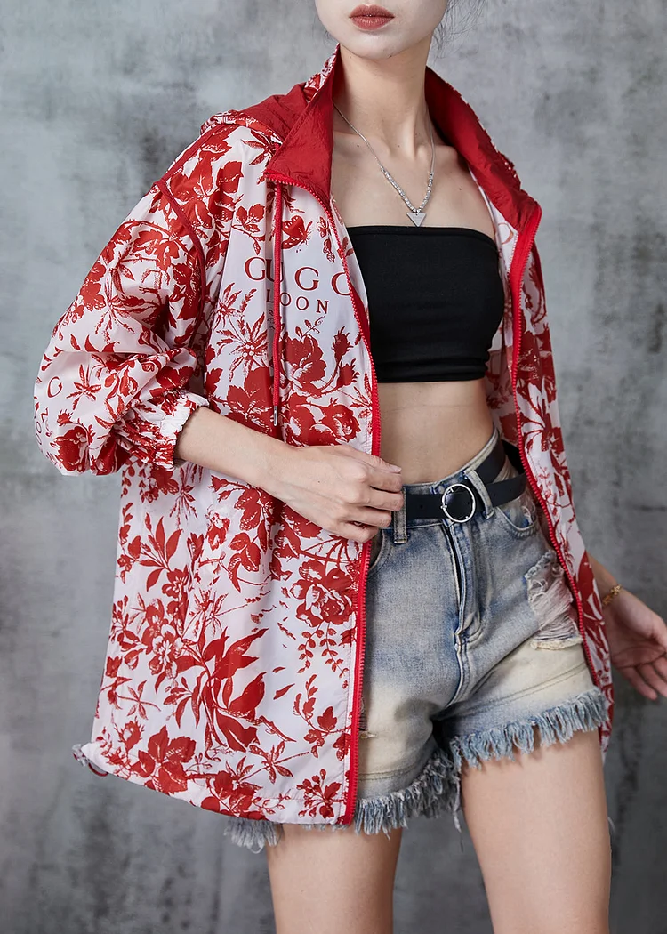 Red Print Spandex Hoodie Coat Oversized Fall