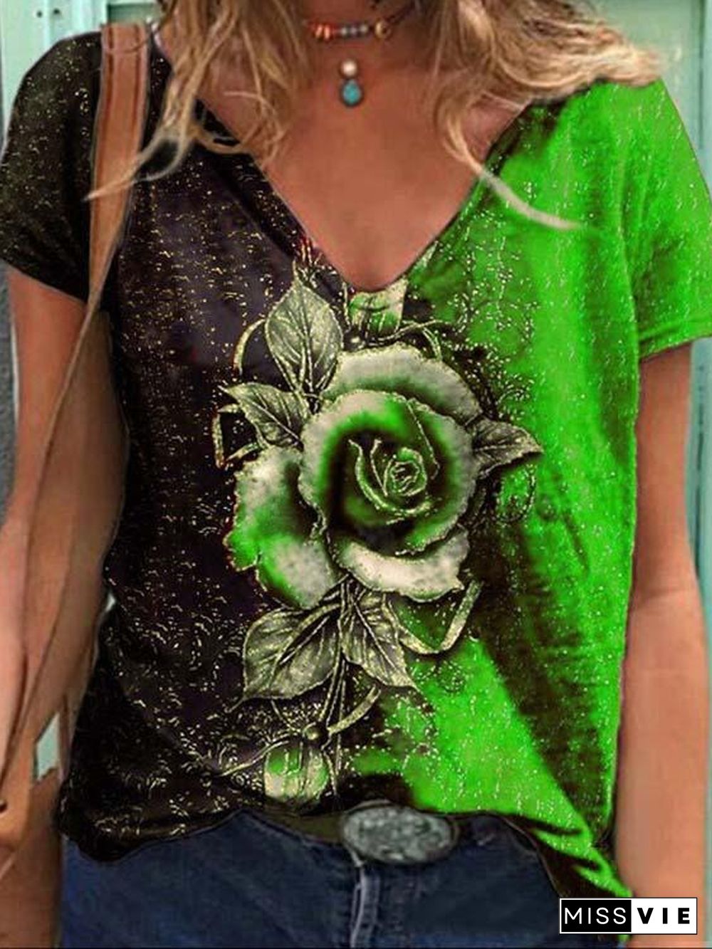 Women's V-neck Short Sleeve Floral Printed Tops