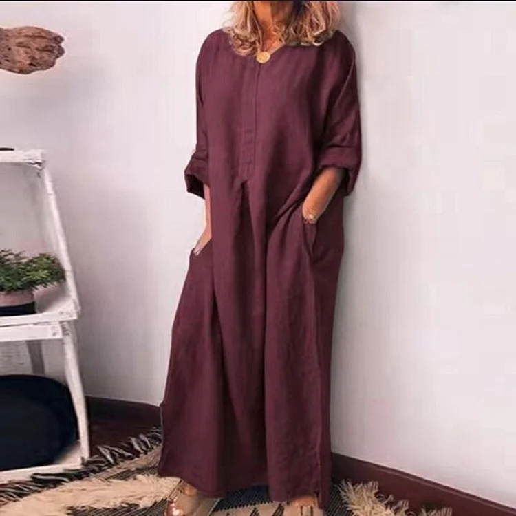 Cotton and Linen Solid Color Ankle Dress