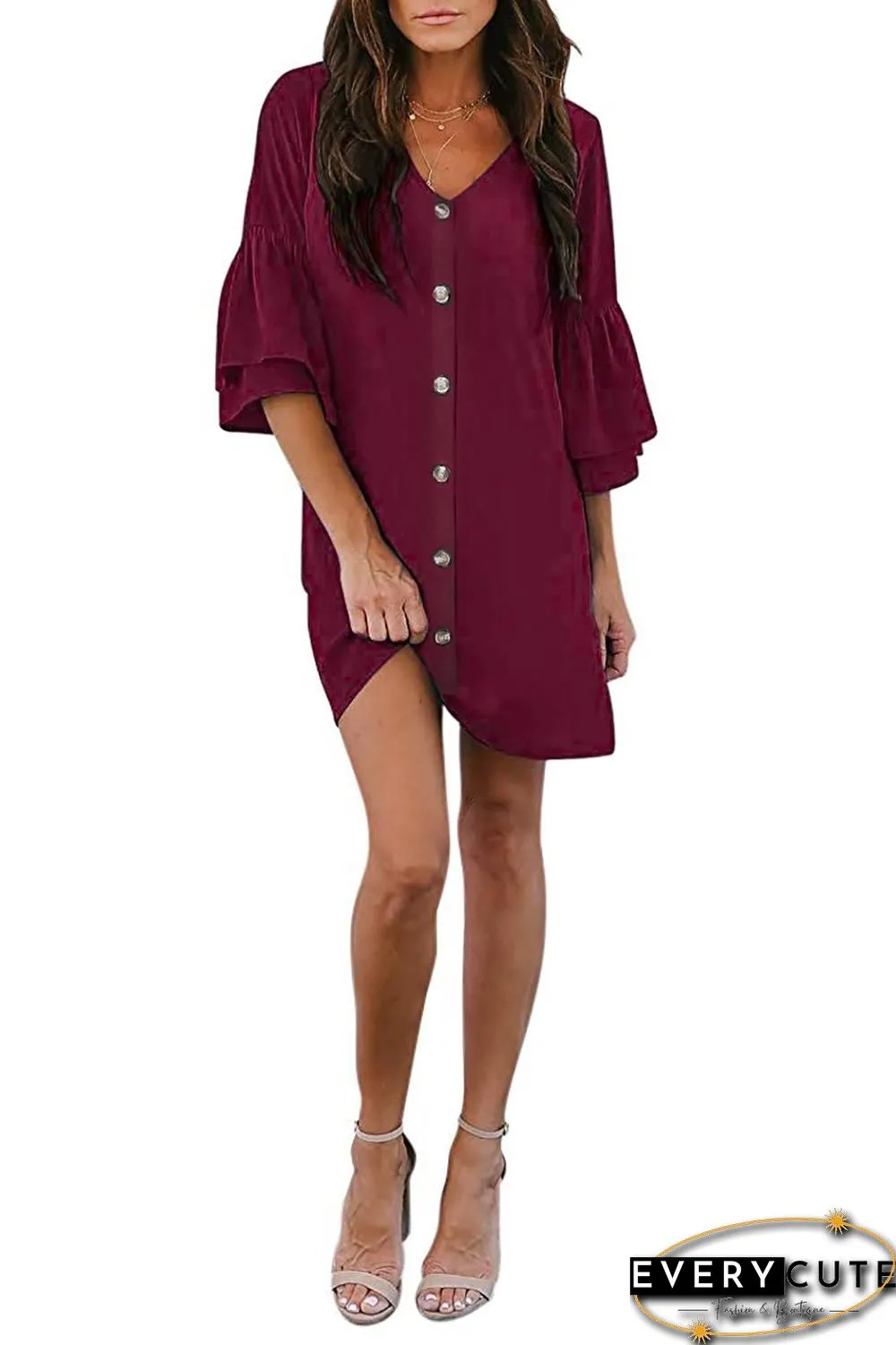 Red V Neck Buttoned Bell Sleeve Shift Shirt Dress