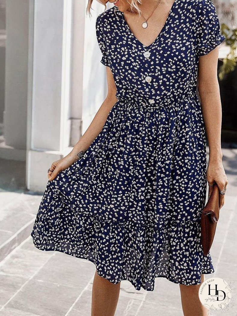 All Over Print Frill Trim Dress for Women