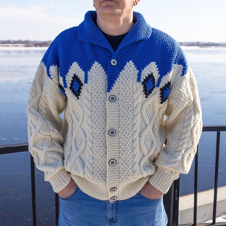 Lapel Standard Button Color Block Winter Men's Sweater