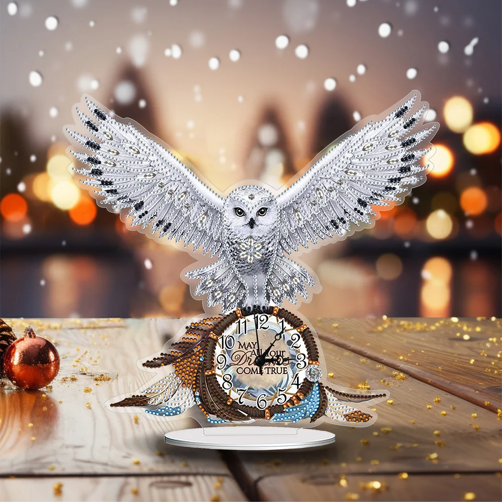 DIY White Owl Special Shape Acrylic Diamond Painting Clock Art Craft