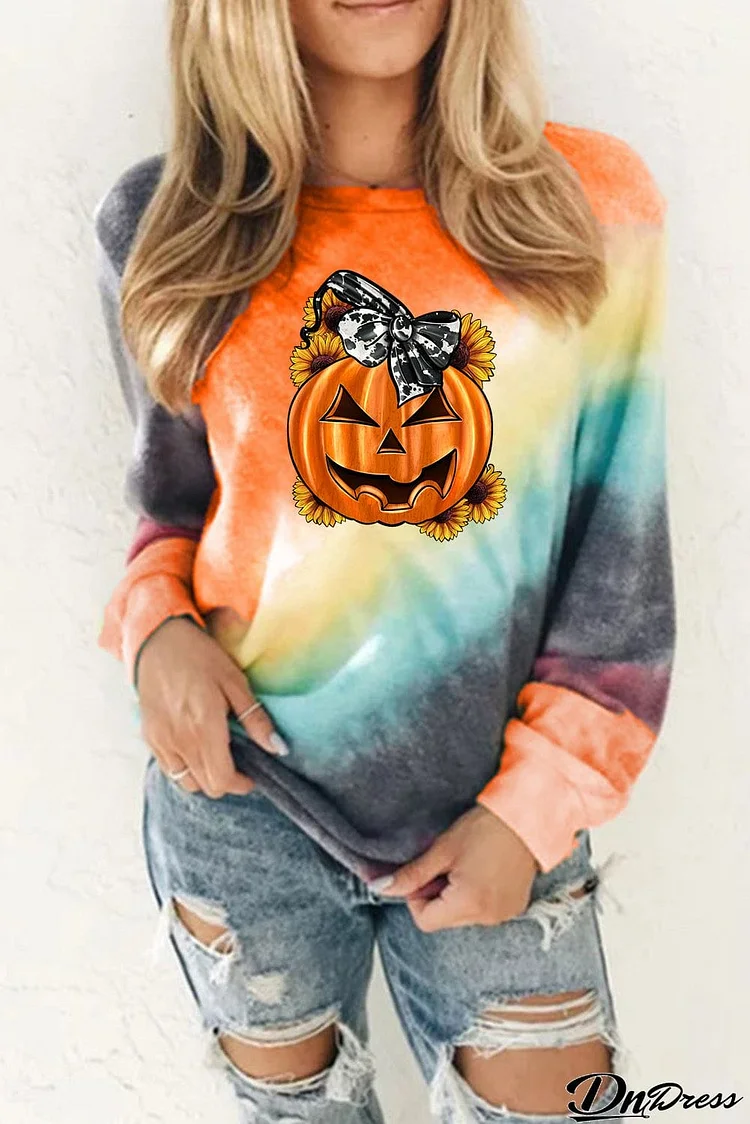 Tie-dyed Pumpkin Halloween Print Graphic Sweatshirt