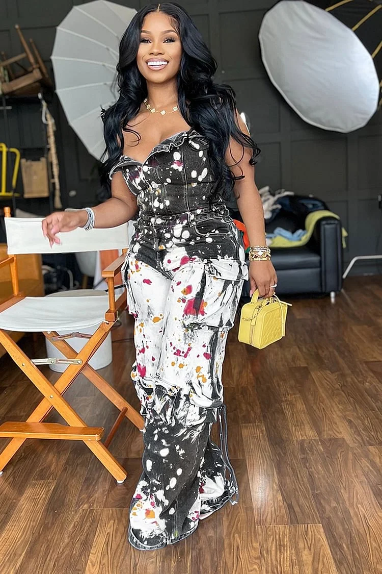Denim Strapless Splash Ink Print Straight Leg Cargo Jumpsuit-Black