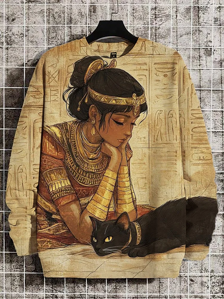 Men's Egyptian Woman And Black Cat Art Print Casual Sweatshirt
