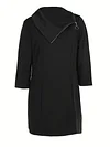 Zipper Asymmetrical Neck Dress, Casual Solid 3/4 Sleeve Dress, Women's Clothing