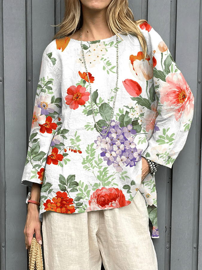 Women's Retro Botanical Floral Design Round Neck Casual Shirt 