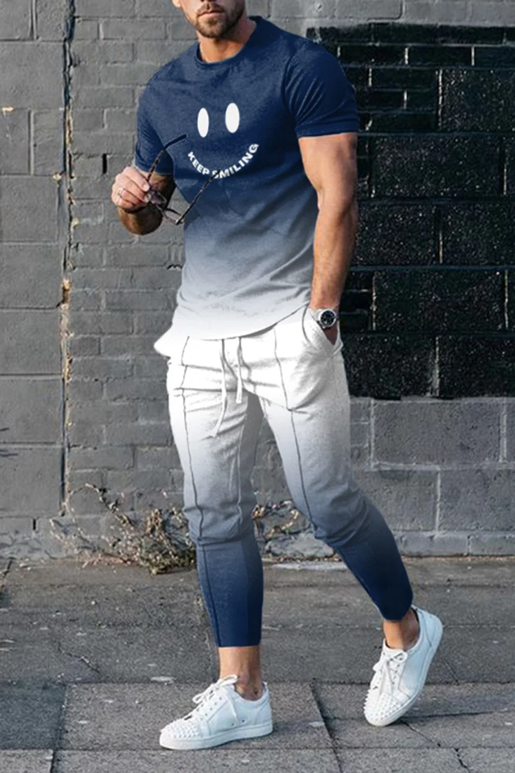 Tiboyz Blue And White Gradient Sports T-Shirt And Pants Two Piece Set