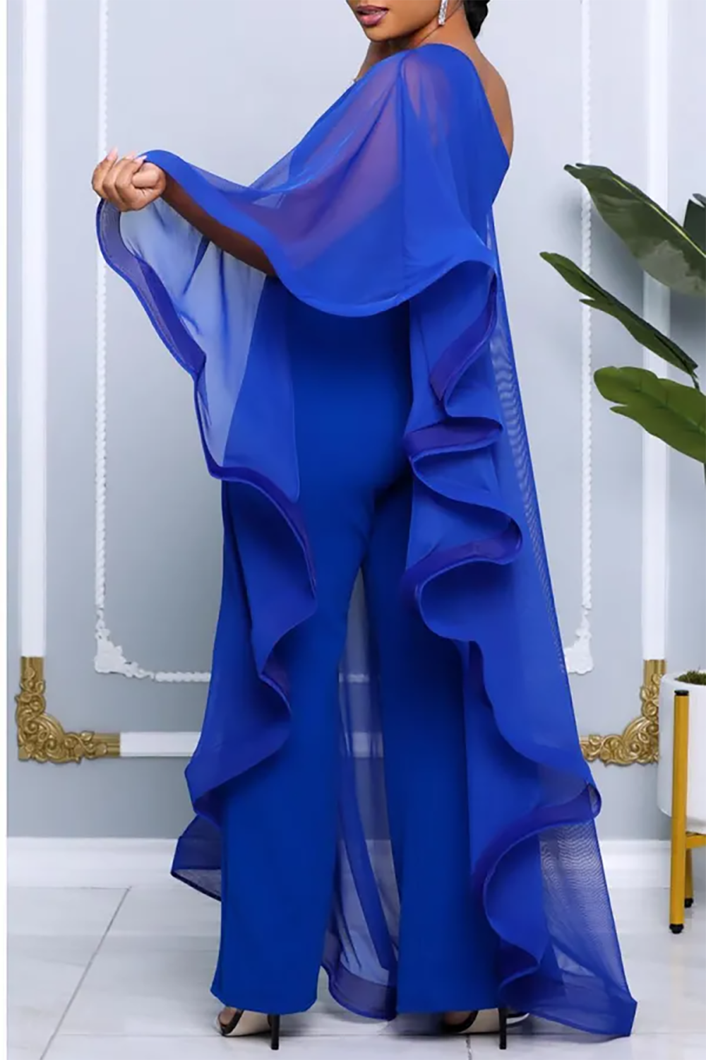 Plus Size Casual Pant Set Royal Blue Solid Chiffon One Shoulder Asymmetrical Two Piece Pant Set