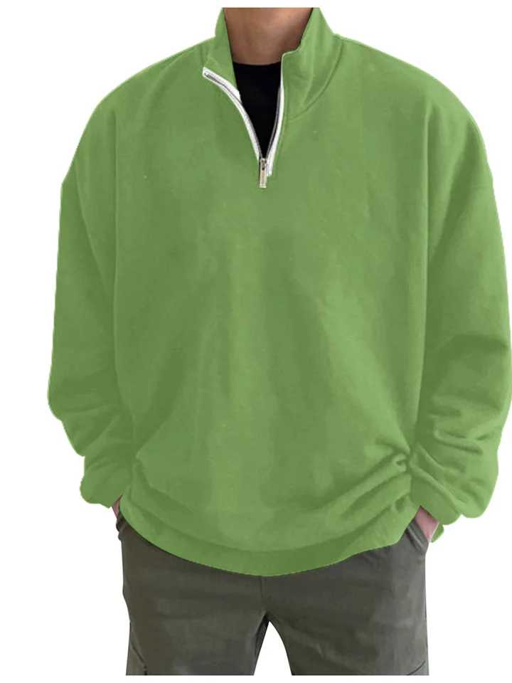 Sports Padded Pullover Loose Solid Color Sweatshirt Green Retro Sweatshirt Men's Zipper Standing Collar Hoodless Jacket-Cosfine