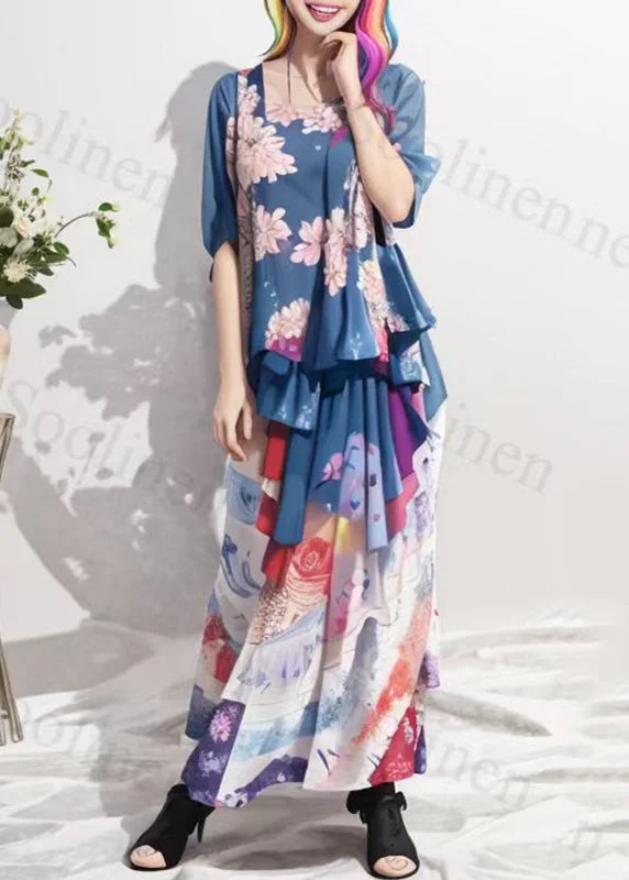Natural Multicolor Square Collar Print Asymmetrical Silk Holiday Long Dress Short Sleeve