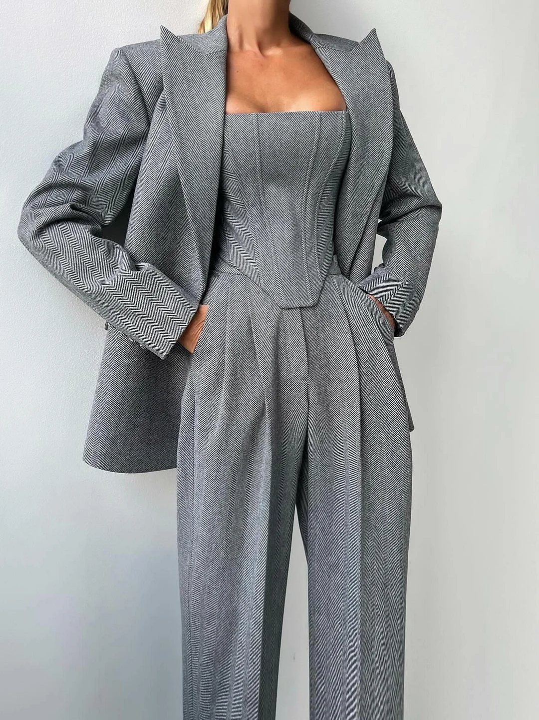 Athvotar Athvotar Women's Fashion Solid Color Waist Fish Bone Shoulder Suit Three-Piece Set Of Women Simple Commuting High-Waisted Trousers