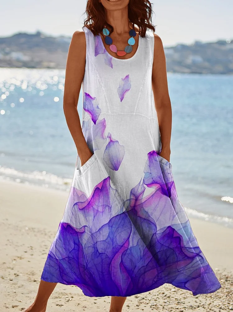 Purple Ink Flower Print Womens Pocket Pinafore Linen Dress