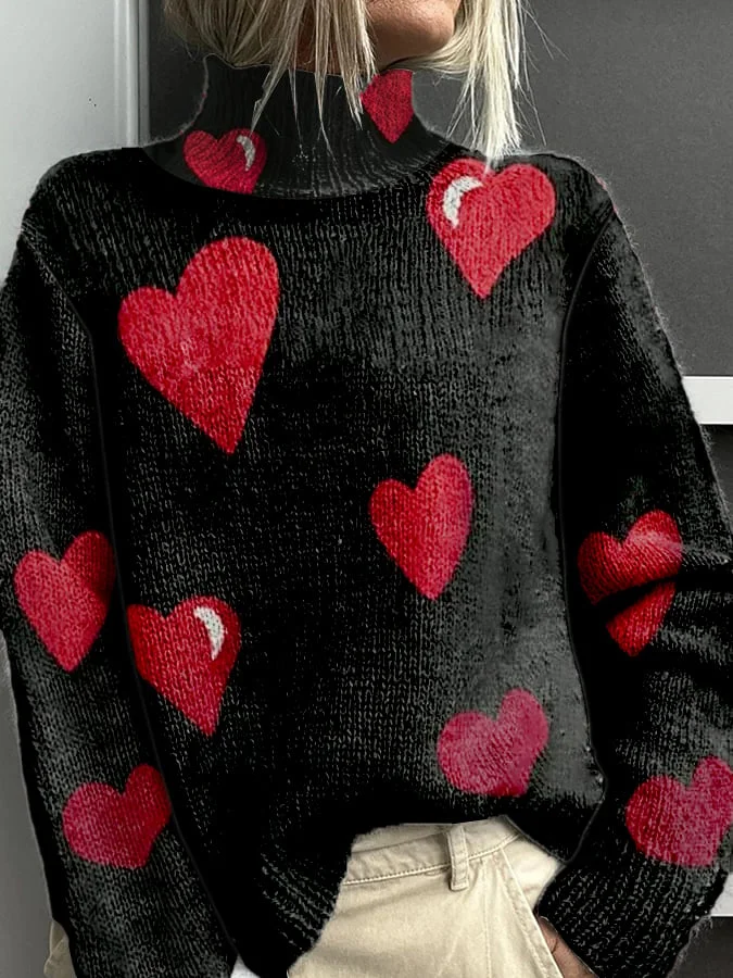 Women's Heart Print Knit Turtleneck Pullover Sweater