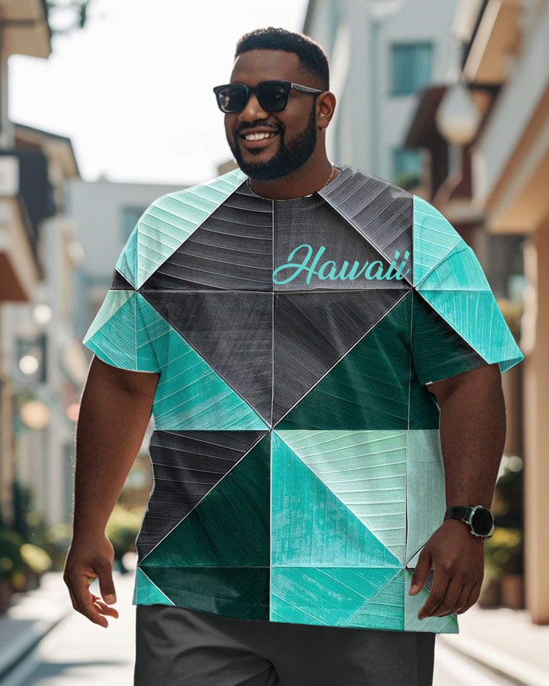 Men's Plus Size Banana Leaf Geometric Color Block Deformed Print Round Neck Short-sleeved T-shirt