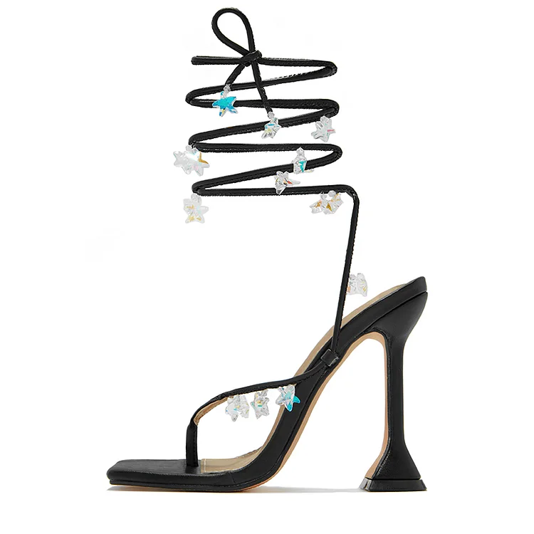 Elegant Black Flared Heels Square Toe Strappy Star Summer Sandals |FSJ Shoes