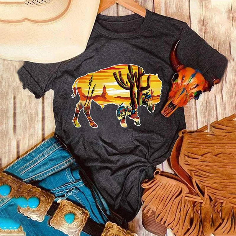 Cow and desert leisure western graphic tees designer