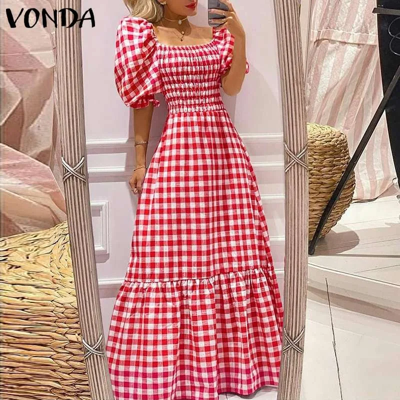 Long Maxi Dress VONDA 2022 Summer Women Casual Short Sleeve Square Collar Vintage Plaid Party Bohemian Vestidos Loose Sundress