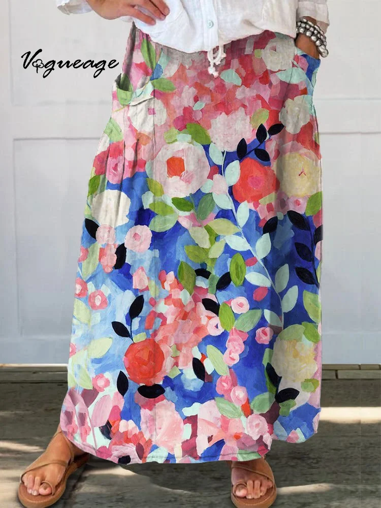 Oil Painting Colorful Bright Flowers Printed Women's Casual Cotton And Linen Skirt