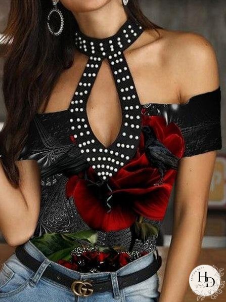 Bubble Bead Off-shoulder Halter Short Sleeves T-shirts