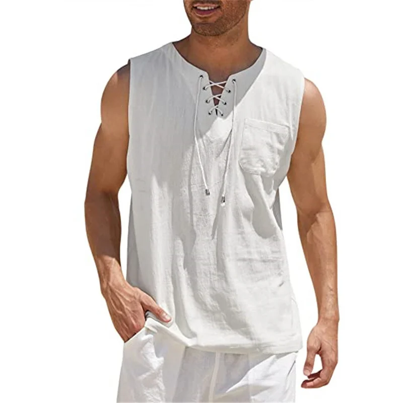 PASUXI New Cotton Linen Tank Top Shirts Casual Sleeveless Lace Up Beach Solid Color Drop Shoulder Men's T-shirts