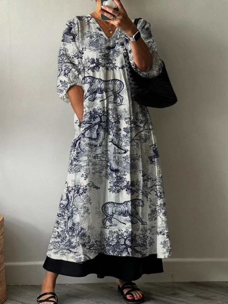 Retro Print Pocket V-neck Cotton Dress